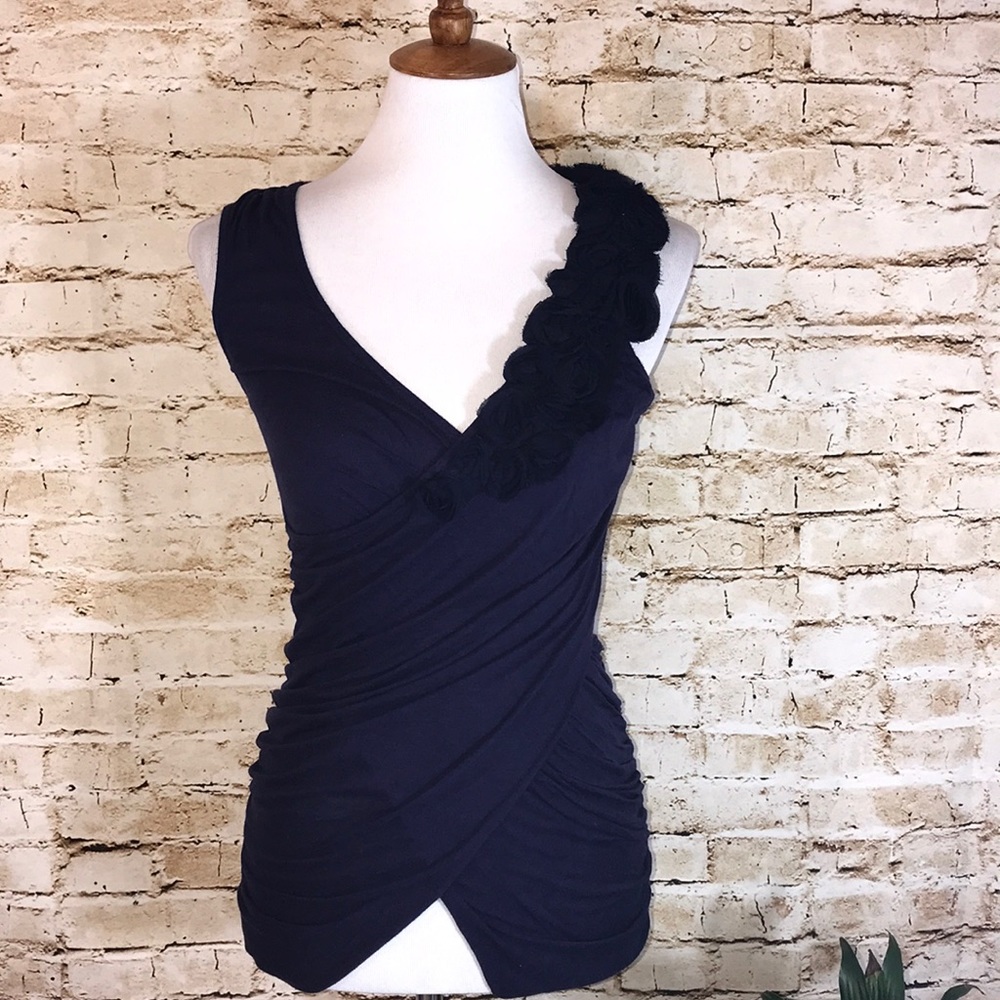 Anthropologie Black One-Shoulder Floral Appliqué Tank Top